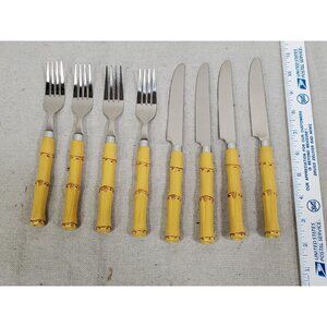 8 Pcs. BAMBOO Plastic HANDLE STAINLESS FLATWARE TIKI Set knives